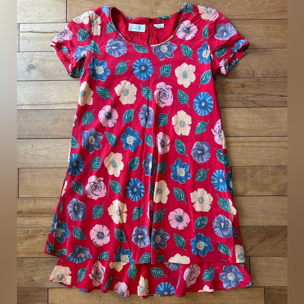 Vintage Liz Claiborne Red Floral Scoop Neck Mini Dress with Blue & Pink Blooms